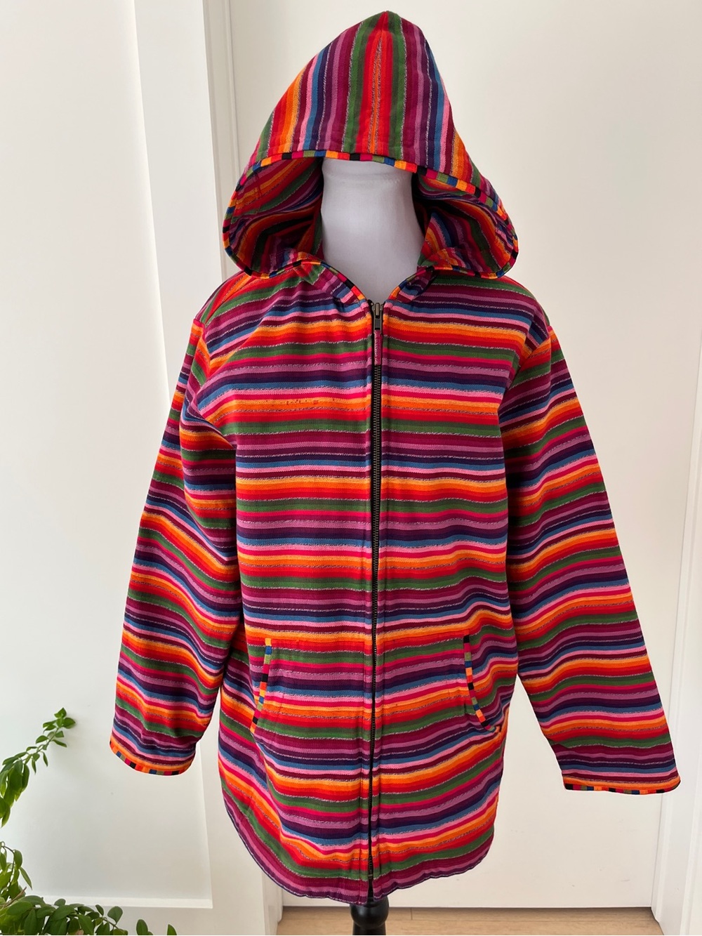 CHICO'S DESIGN Rainbow Stripe Zip Front Hood Jacket Colourful Artsy Casual Pride